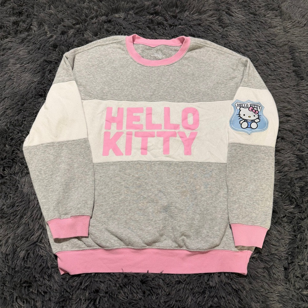 Hello Kitty Sanrio Crewneck Sweatshirt Grey Pink Colorblock Graphic Large